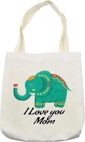 Lunarable Mothers Day Tote Bag, Elephant with South East Motifs Design and I Love You Mom Words, Cloth Linen Reusable Bag for Shopping Books Beach and More, 16.5" X 14", Cream