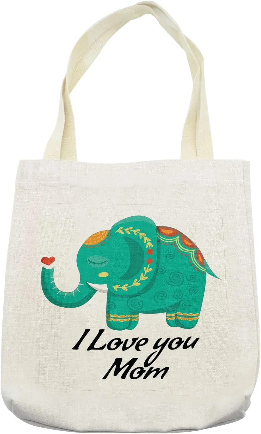 Lunarable Mothers Day Tote Bag, Elephant with South East Motifs Design and I Love You Mom Words, Cloth Linen Reusable Bag for Shopping Books Beach and More, 16.5" X 14", Cream