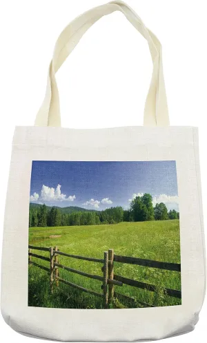 Lunarable Nature Tote Bag, Grassland Meadow with Wooden Fences Surrounded by Trees Idyllic Nature Photograph, Cloth Linen Reusable Bag for Shopping Books Beach and More, 16.5" X 14", Cream