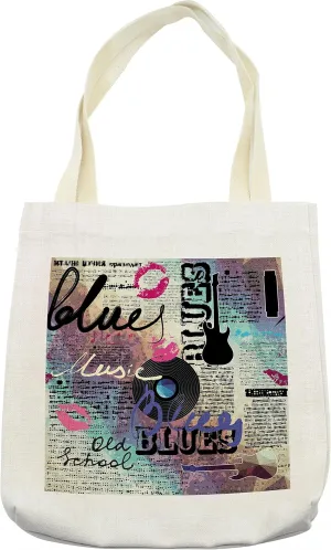 Lunarable Old Newspaper Tote Bag, Retro Blues Music Genre Old Record Electric Guitars Kiss Inscriptions Grunge, Cloth Linen Reusable Bag for Shopping Books Beach and More, 16.5" X 14", Cream