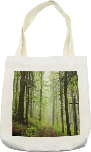 Lunarable Outdoor Tote Bag, Trail Trough Foggy Alders Beeches Oaks Coniferous Grove Hiking Theme, Cloth Linen Reusable Bag for Shopping Books Beach and More, 16.5" X 14", Cream