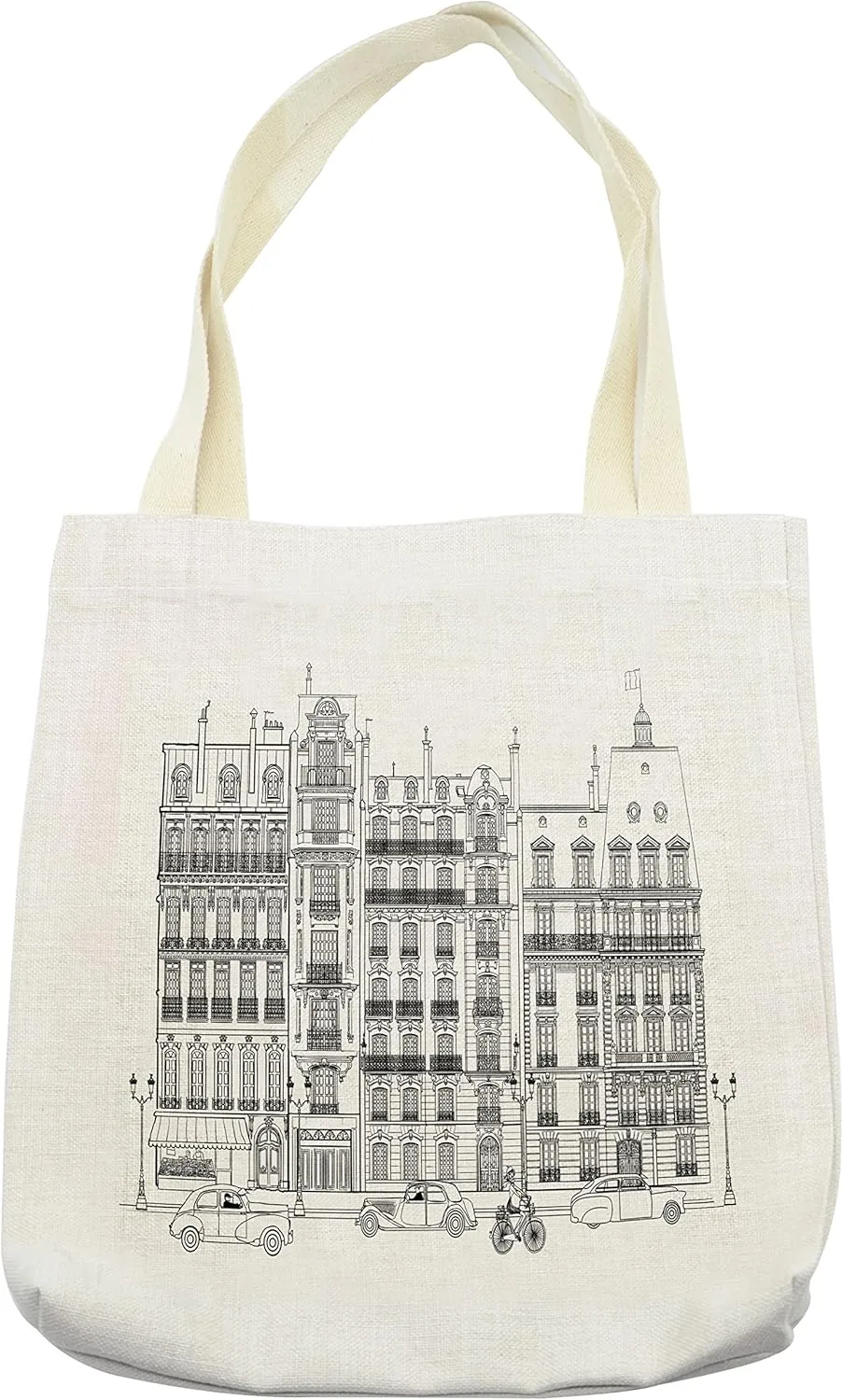 Lunarable Paris Tote Bag, Illustration of Facades in Paris Cars Bicycle History Travel Monumental Destinations, Cloth Linen Reusable Bag for Shopping Books Beach and More, 16.5" X 14", Cream