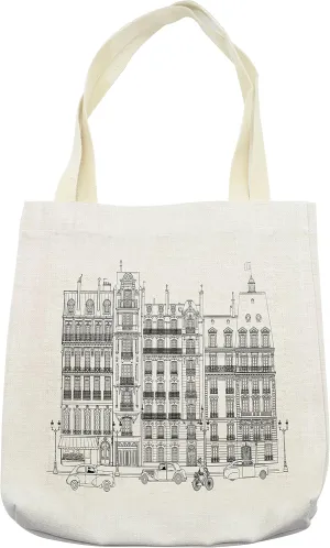 Lunarable Paris Tote Bag, Illustration of Facades in Paris Cars Bicycle History Travel Monumental Destinations, Cloth Linen Reusable Bag for Shopping Books Beach and More, 16.5" X 14", Cream