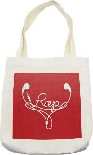 Lunarable Rap Tote Bag, Earbud Earphones with White Cables Forming the Rap Word Music Genre Technology, Cloth Linen Reusable Bag for Shopping Books Beach and More, 16.5" X 14", Cream