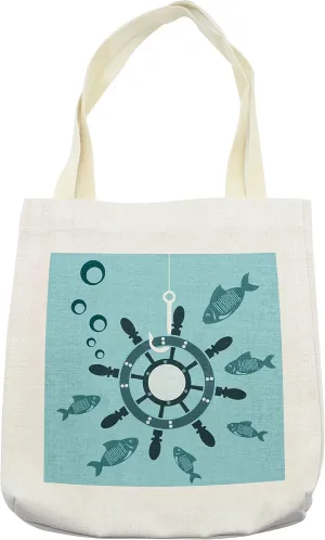 Lunarable Ships Wheel Tote Bag, Helm of Ship on a Hookwater Bubbles Fish Underwater Life Shipwreck, Cloth Linen Reusable Bag for Shopping Books Beach and More, 16.5" X 14", Cream
