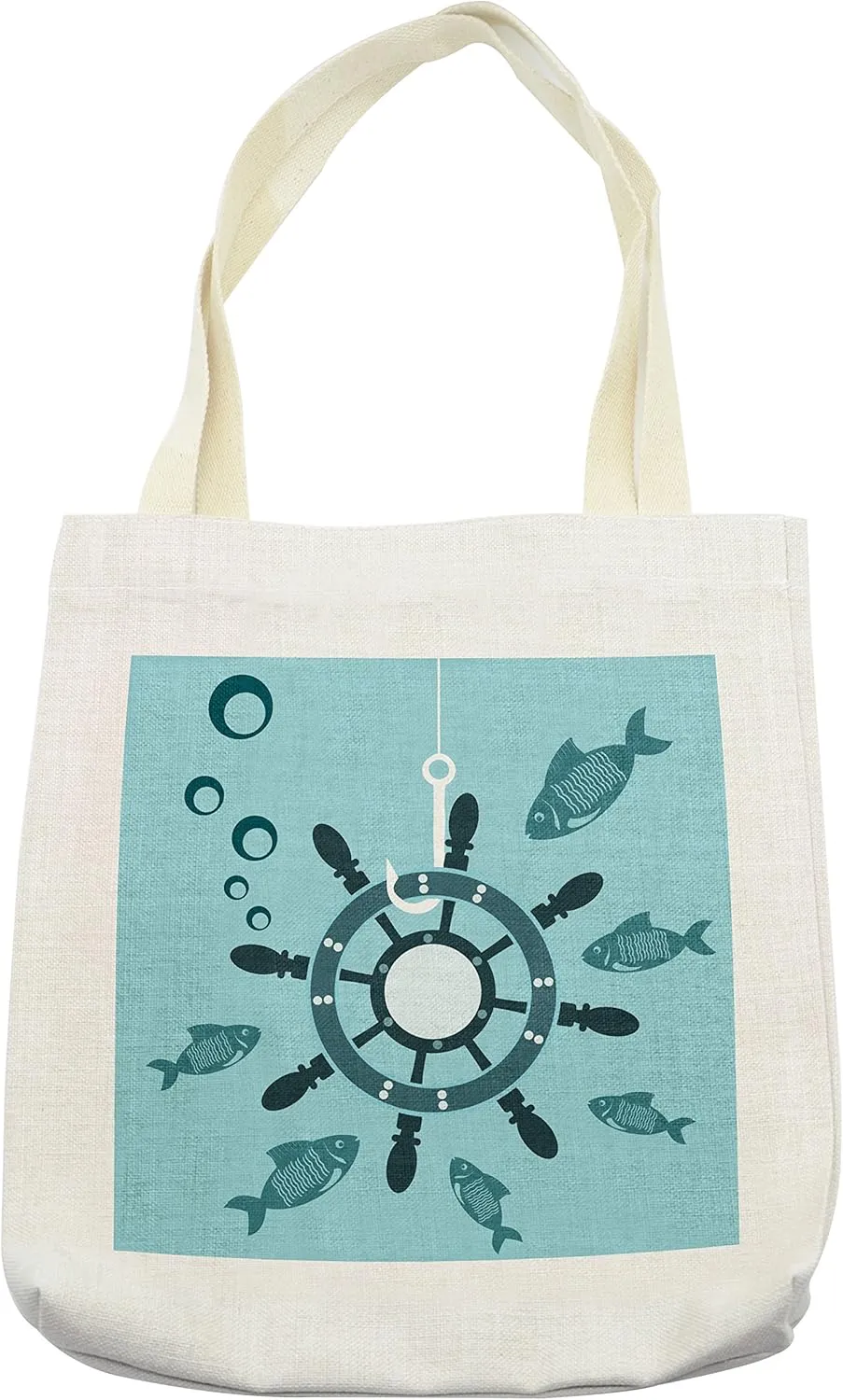 Lunarable Ships Wheel Tote Bag, Helm of Ship on a Hookwater Bubbles Fish Underwater Life Shipwreck, Cloth Linen Reusable Bag for Shopping Books Beach and More, 16.5" X 14", Cream