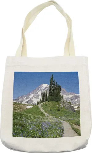 Lunarable Snow Tote Bag, Mount Rainier Photo of Mountainous in Vivid Weather Outdoor Scenery Greenery, Cloth Linen Reusable Bag for Shopping Books Beach and More, 16.5" X 14", Cream