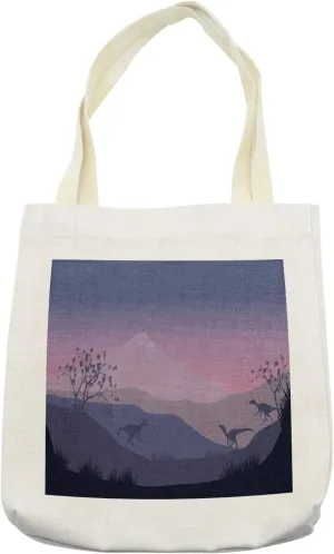 Lunarable Velociraptor Tote Bag, Prehistoric Silhouette Panorama in Pastel Tones on Dinosaurs Hills, Cloth Linen Reusable Bag for Shopping Books Beach and More, 16.5" X 14", Cream