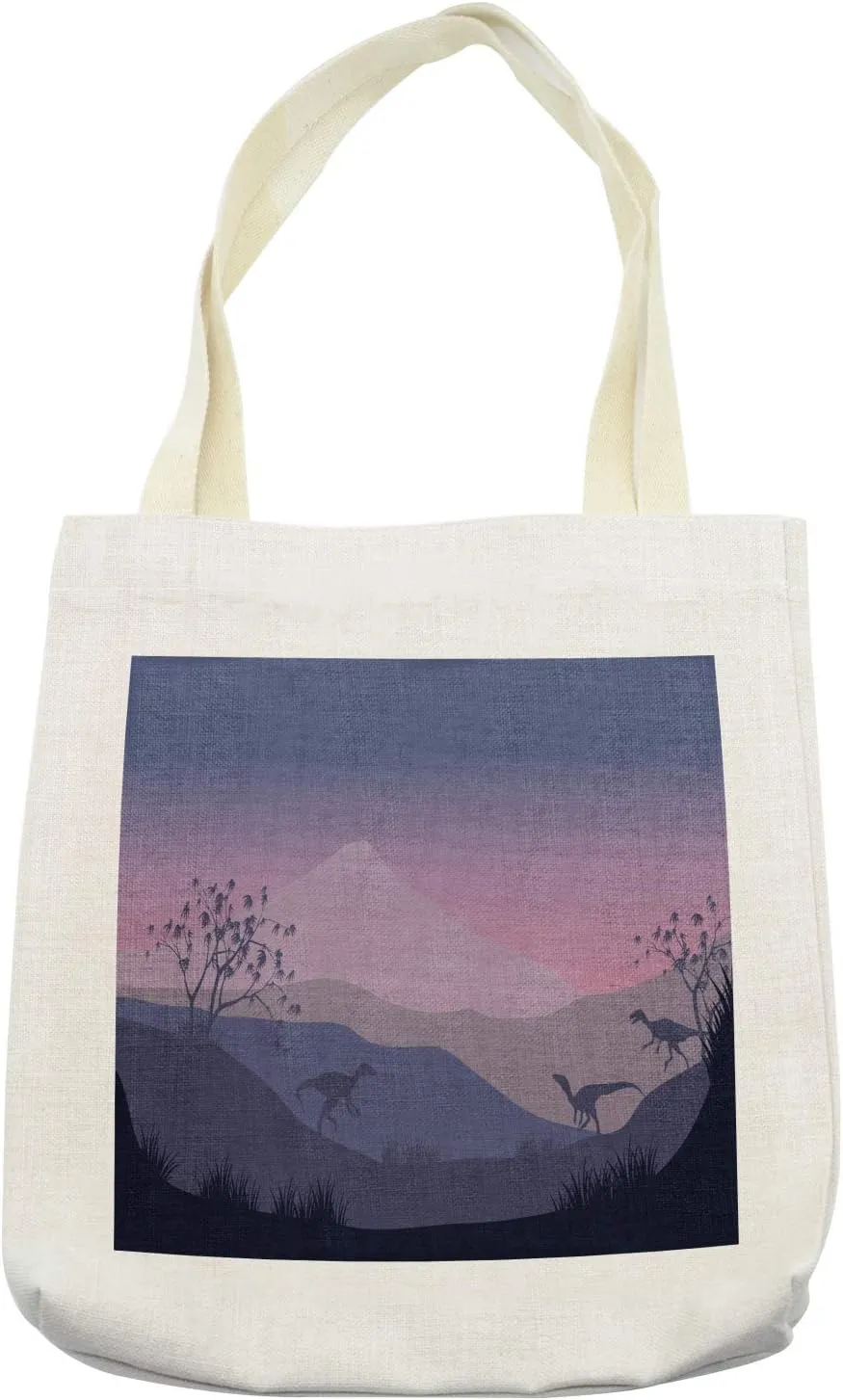 Lunarable Velociraptor Tote Bag, Prehistoric Silhouette Panorama in Pastel Tones on Dinosaurs Hills, Cloth Linen Reusable Bag for Shopping Books Beach and More, 16.5" X 14", Cream