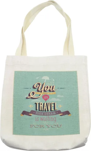 Lunarable Vintage Tote Bag, Travel Dream Voyage Inspirational Themed Words Happy Advertisement Print, Cloth Linen Reusable Bag for Shopping Books Beach and More, 16.5" X 14", Blue