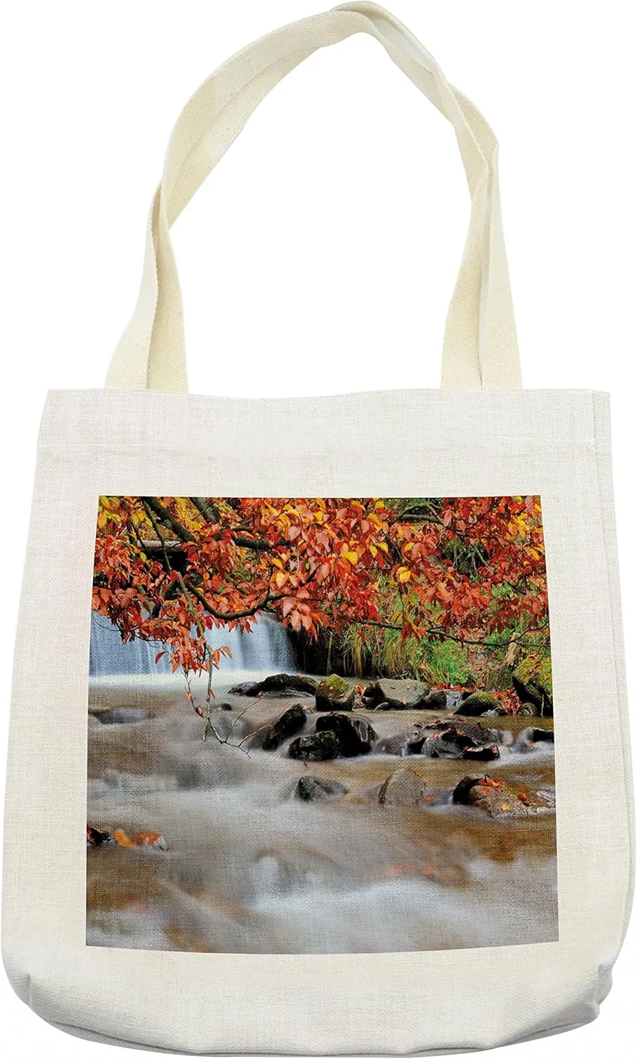 Lunarable Waterfall Tote Bag, Waterfall with Enormous Rocks and Orange Yellow Autumn Trees Fall Leaf Work of Art, Cloth Linen Reusable Bag for Shopping Books Beach and More, 16.5" X 14", Cream