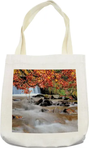 Lunarable Waterfall Tote Bag, Waterfall with Enormous Rocks and Orange Yellow Autumn Trees Fall Leaf Work of Art, Cloth Linen Reusable Bag for Shopping Books Beach and More, 16.5" X 14", Cream