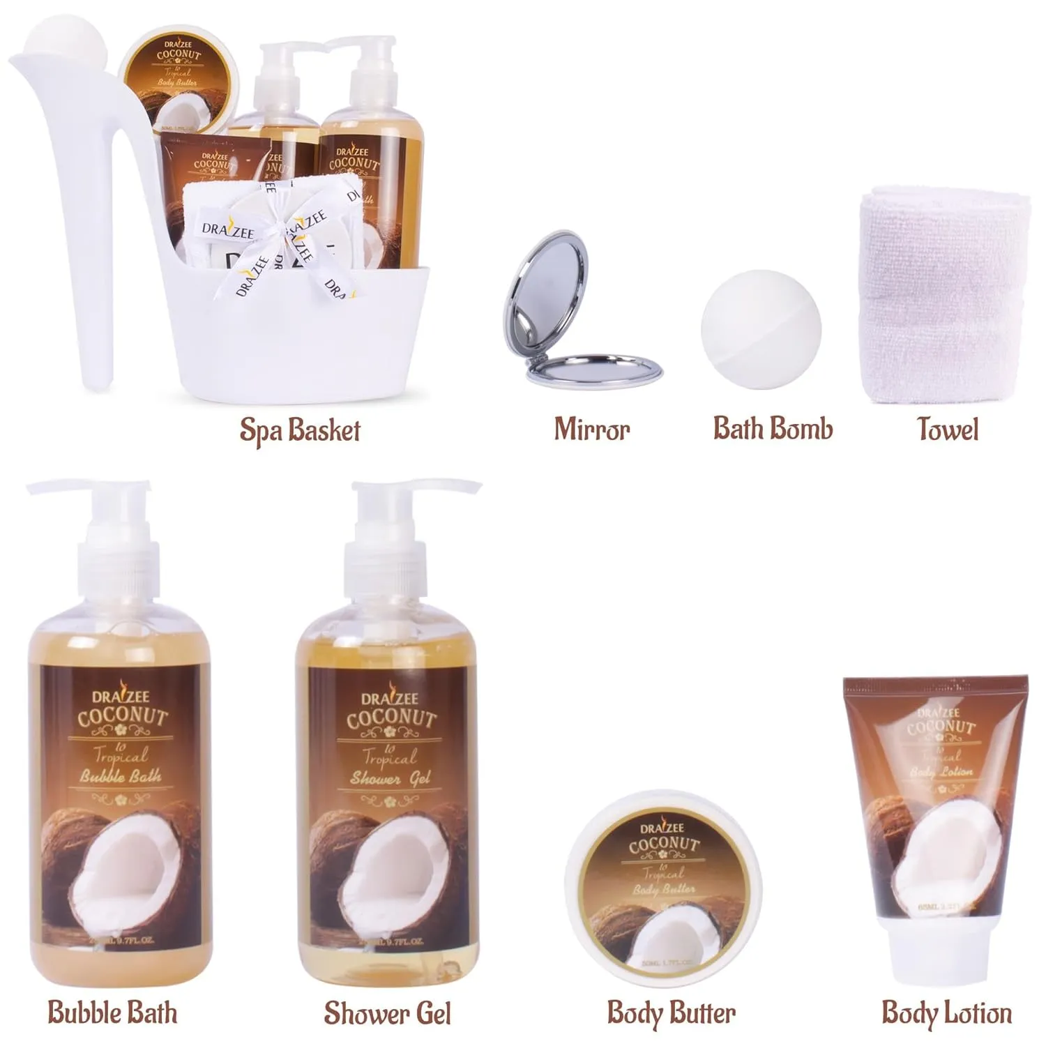 Luxury Spa Gifts for Women – 8 Pc Coconut Scented Bath and Body Set with Bubble Bath, Lotion & More – Luxury Self Care Kit for Wife, Mom, Best Friend, Girlfriend, Anniversary Gift by Draizee