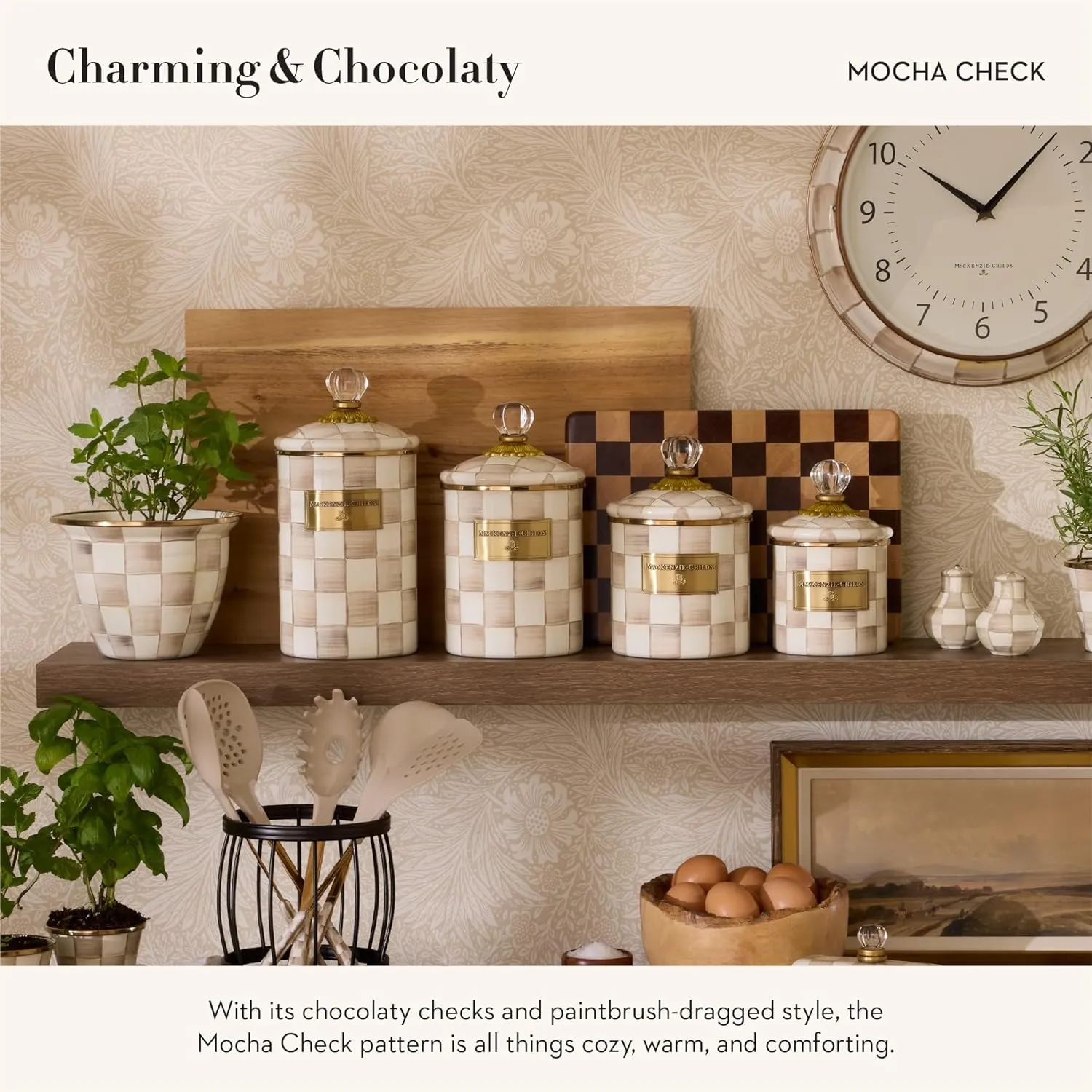 MACKENZIE-CHILDS Demi Enamel Canister, Kitchen Storage Container with Lid, Brown-and-White Mocha Check