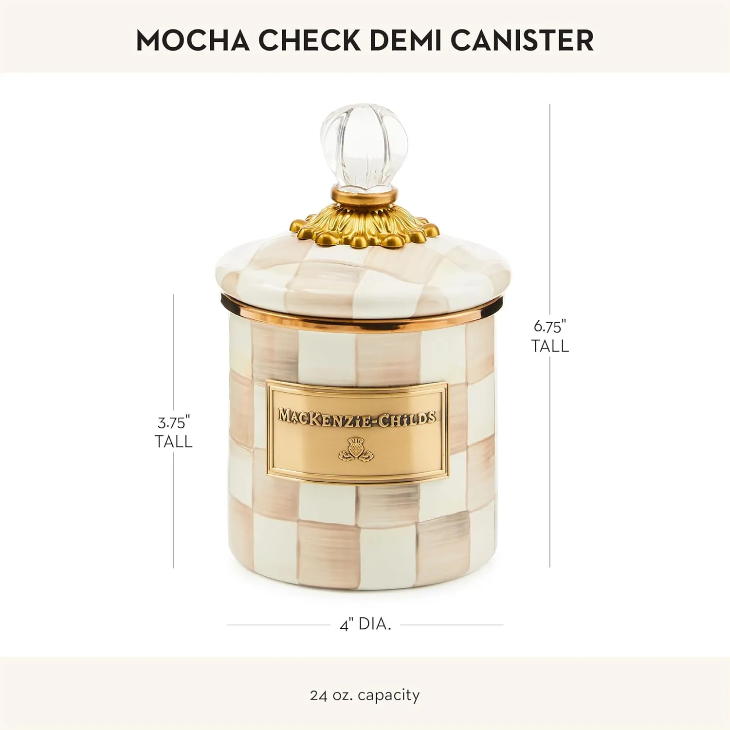 MACKENZIE-CHILDS Demi Enamel Canister, Kitchen Storage Container with Lid, Brown-and-White Mocha Check