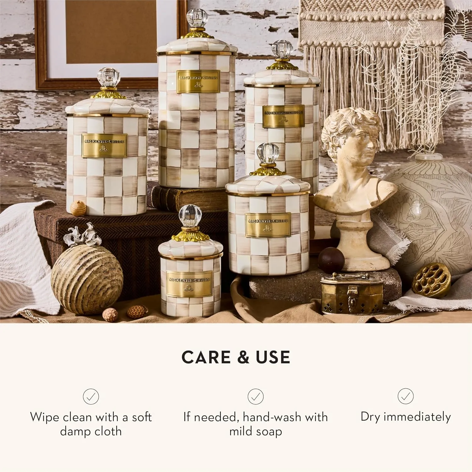 MACKENZIE-CHILDS Demi Enamel Canister, Kitchen Storage Container with Lid, Brown-and-White Mocha Check
