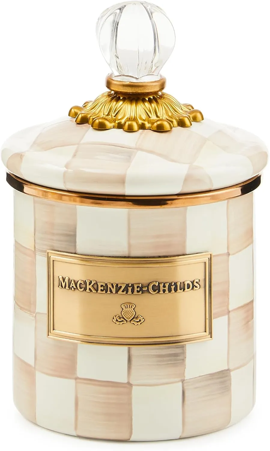 MACKENZIE-CHILDS Demi Enamel Canister, Kitchen Storage Container with Lid, Brown-and-White Mocha Check