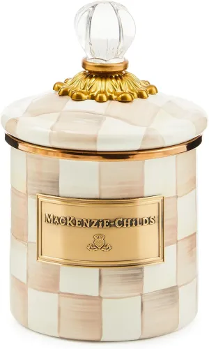 MACKENZIE-CHILDS Demi Enamel Canister, Kitchen Storage Container with Lid, Brown-and-White Mocha Check