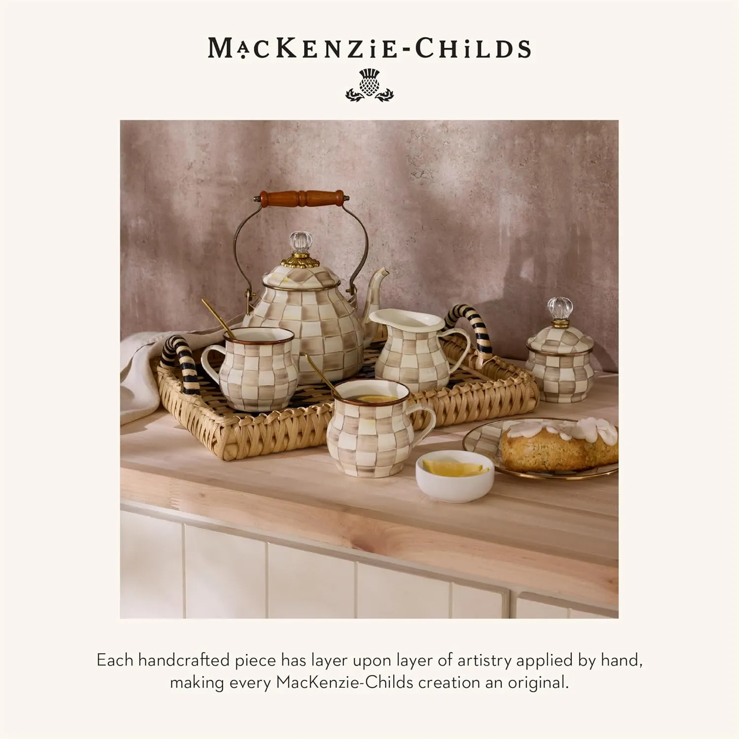 MACKENZIE-CHILDS Demi Enamel Canister, Kitchen Storage Container with Lid, Brown-and-White Mocha Check