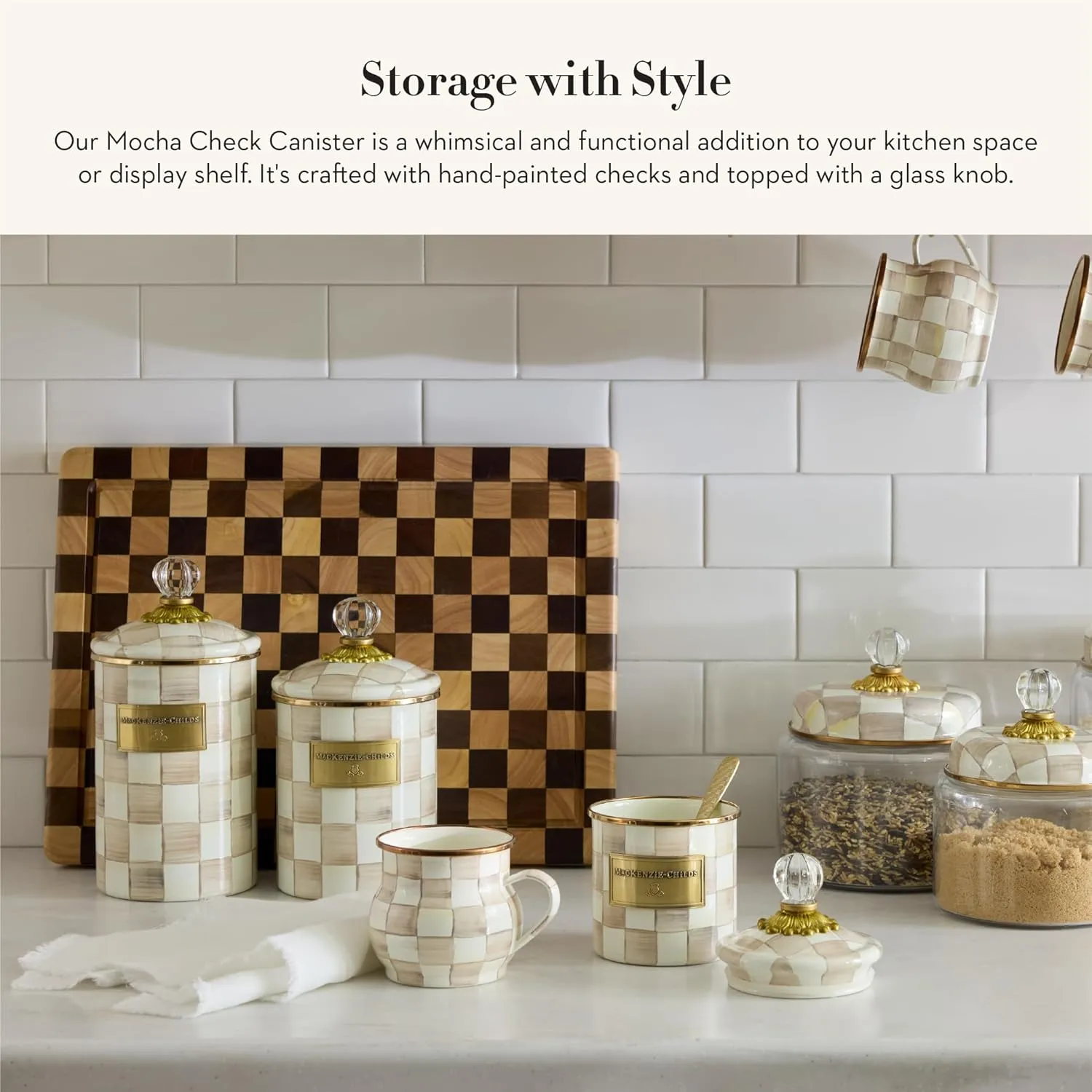 MACKENZIE-CHILDS Demi Enamel Canister, Kitchen Storage Container with Lid, Brown-and-White Mocha Check