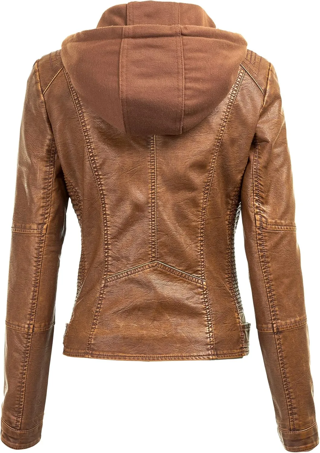 Made By Johnny Faux Leather Jacket Women Motorcycle Coat for Biker with Removable Hood
