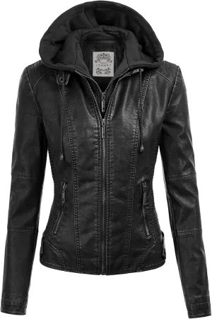 Made By Johnny Faux Leather Jacket Women Motorcycle Coat for Biker with Removable Hood