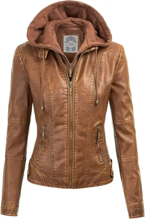 Made By Johnny Faux Leather Jacket Women Motorcycle Coat for Biker with Removable Hood