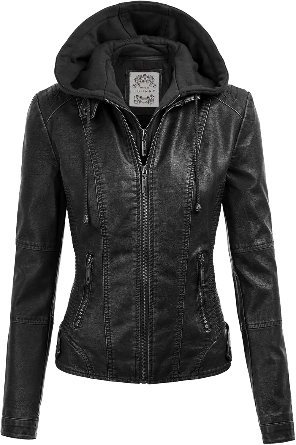 Made By Johnny Faux Leather Jacket Women Motorcycle Coat for Biker with Removable Hood