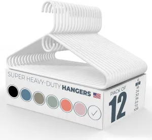 Made in USA Super Heavy Duty Plastic Clothes Hangers, Bulk Packs Available: 20, 30, 50, 100, Strong Plastic Hangers for Closet and Clothing (12pk White)