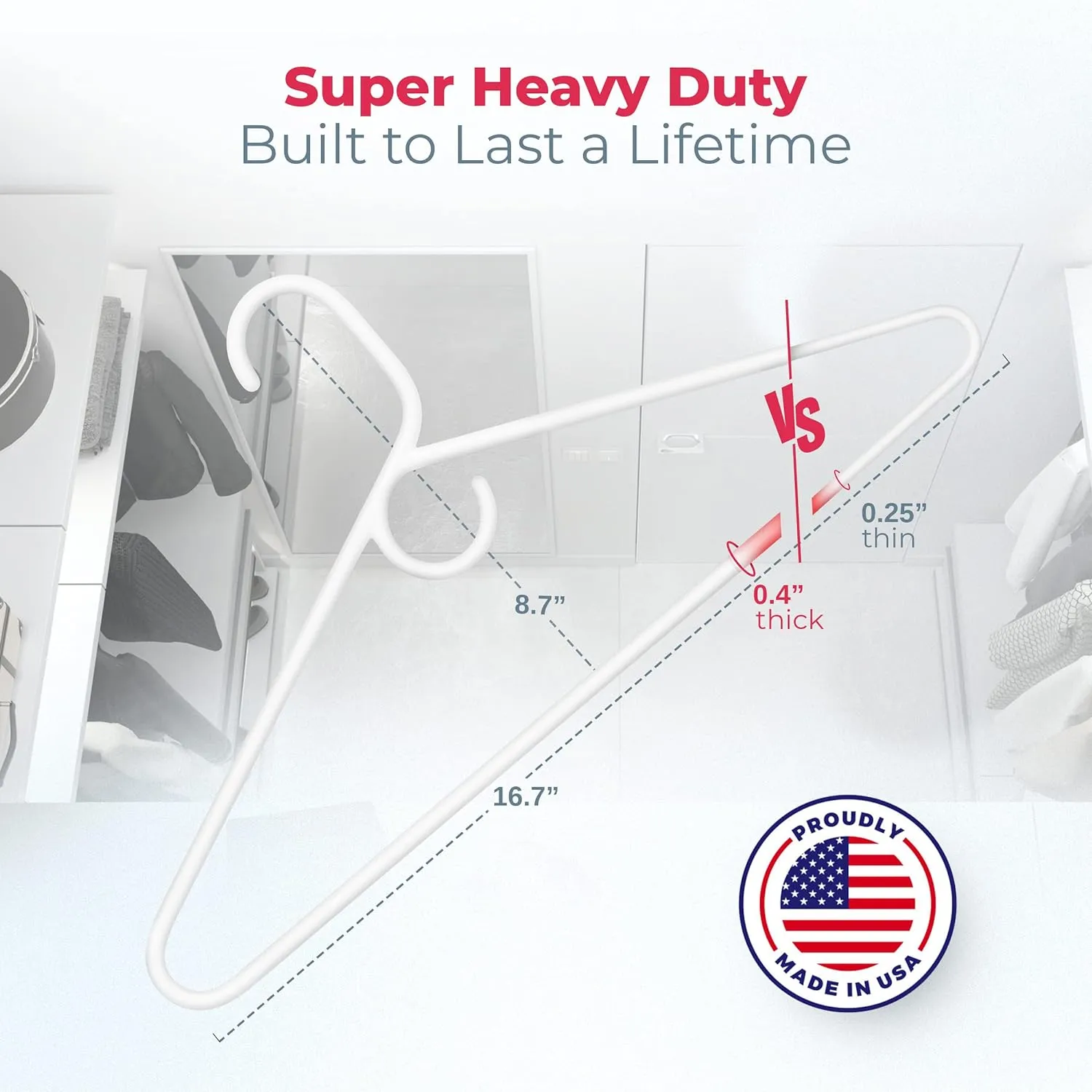 Made in USA Super Heavy Duty Plastic Clothes Hangers, Bulk Packs Available: 20, 30, 50, 100, Strong Plastic Hangers for Closet and Clothing (12pk White)