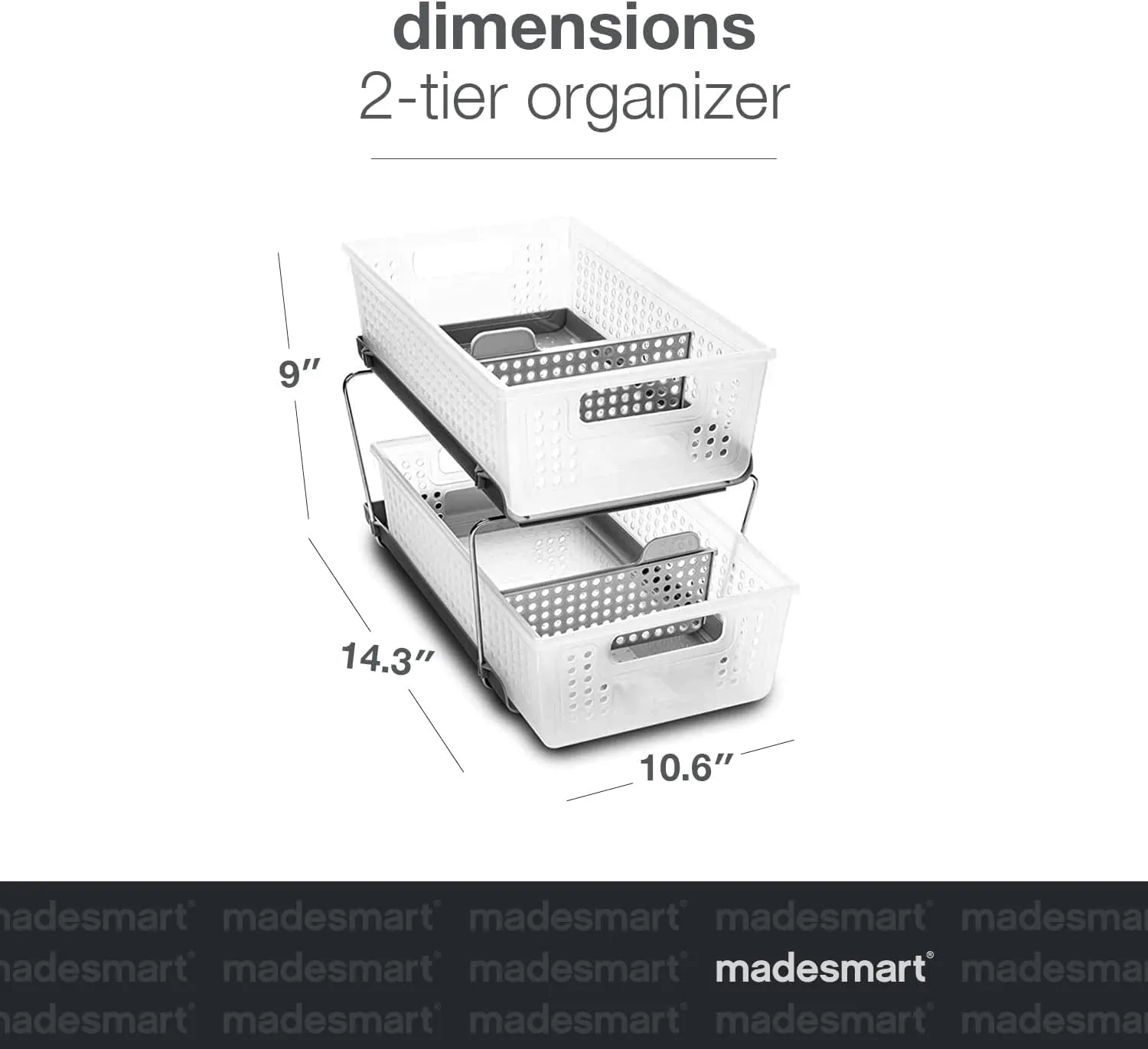 madesmart 2-Tier Organizer, Multi-Purpose Slide-Out Storage Baskets with Handles and Dividers, Frost