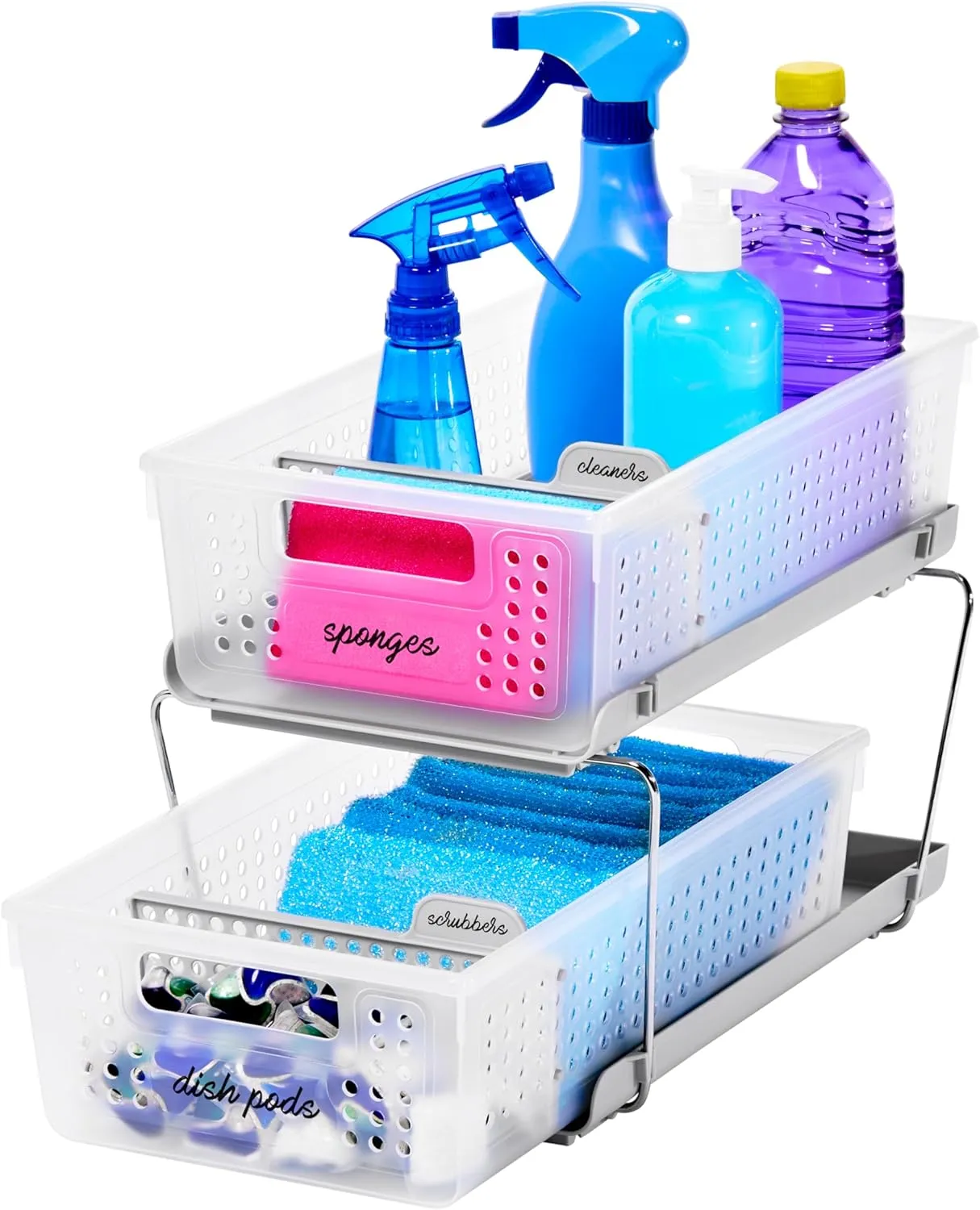 madesmart 2-Tier Organizer, Multi-Purpose Slide-Out Storage Baskets with Handles and Dividers, Frost