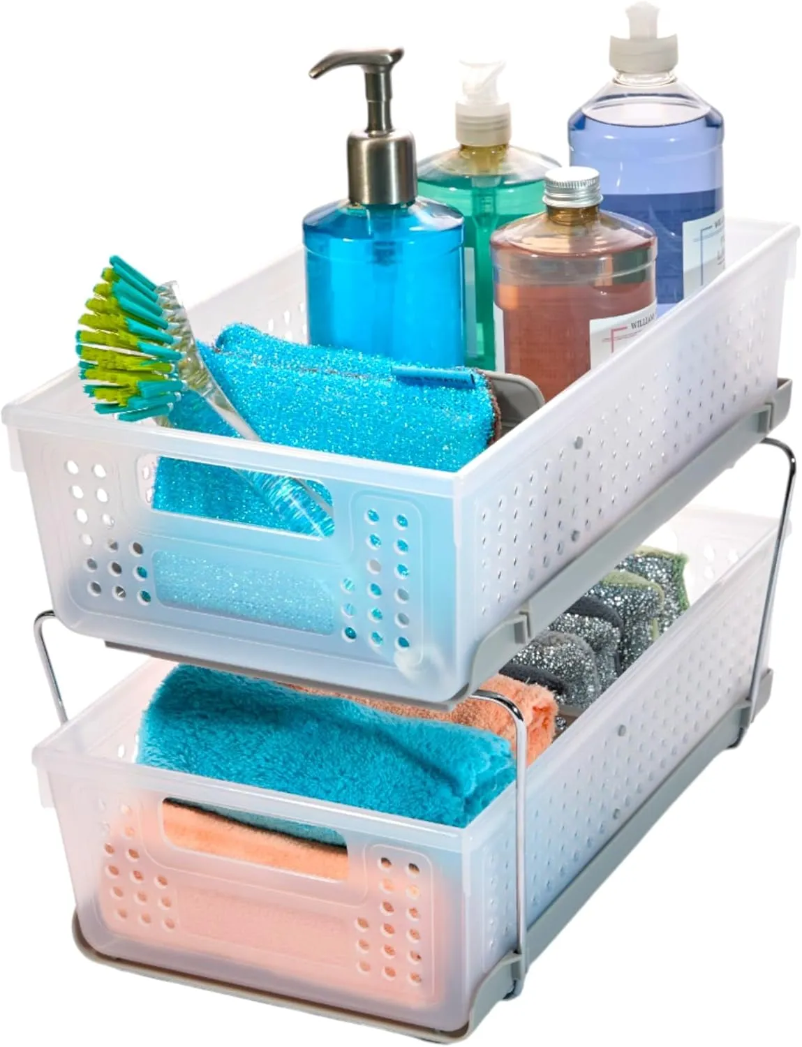 madesmart 2-Tier Organizer, Multi-Purpose Slide-Out Storage Baskets with Handles and Dividers, Frost