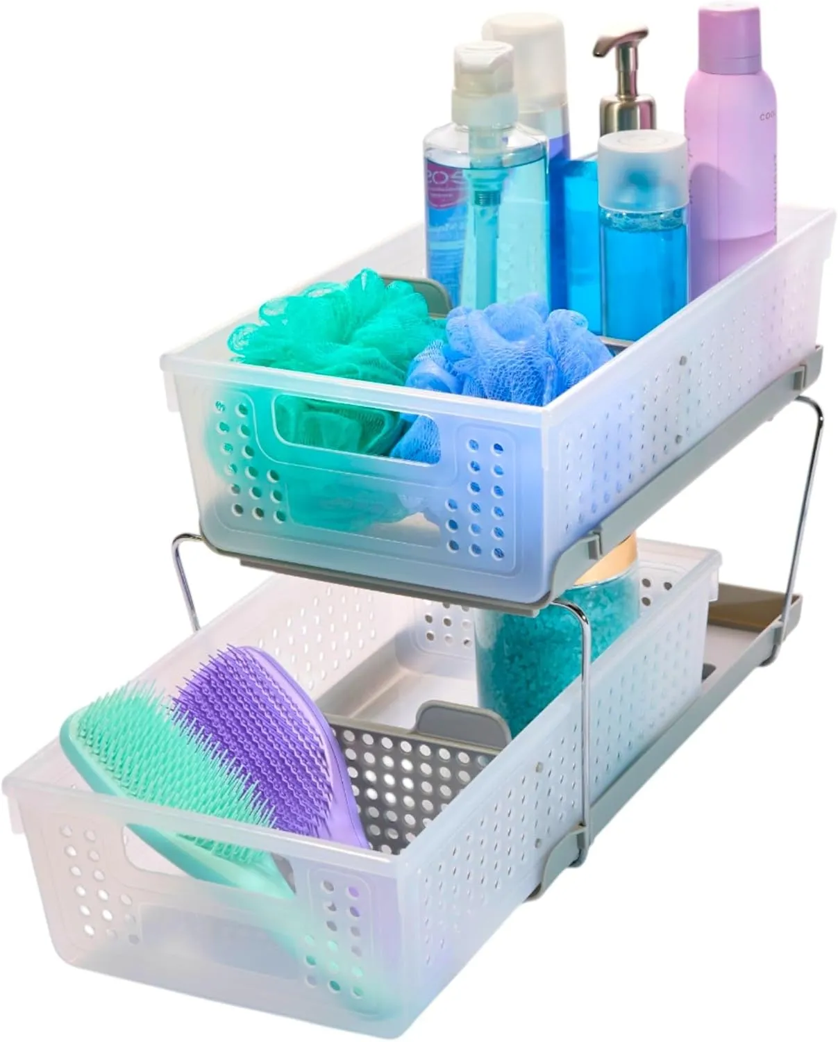 madesmart 2-Tier Organizer, Multi-Purpose Slide-Out Storage Baskets with Handles and Dividers, Frost