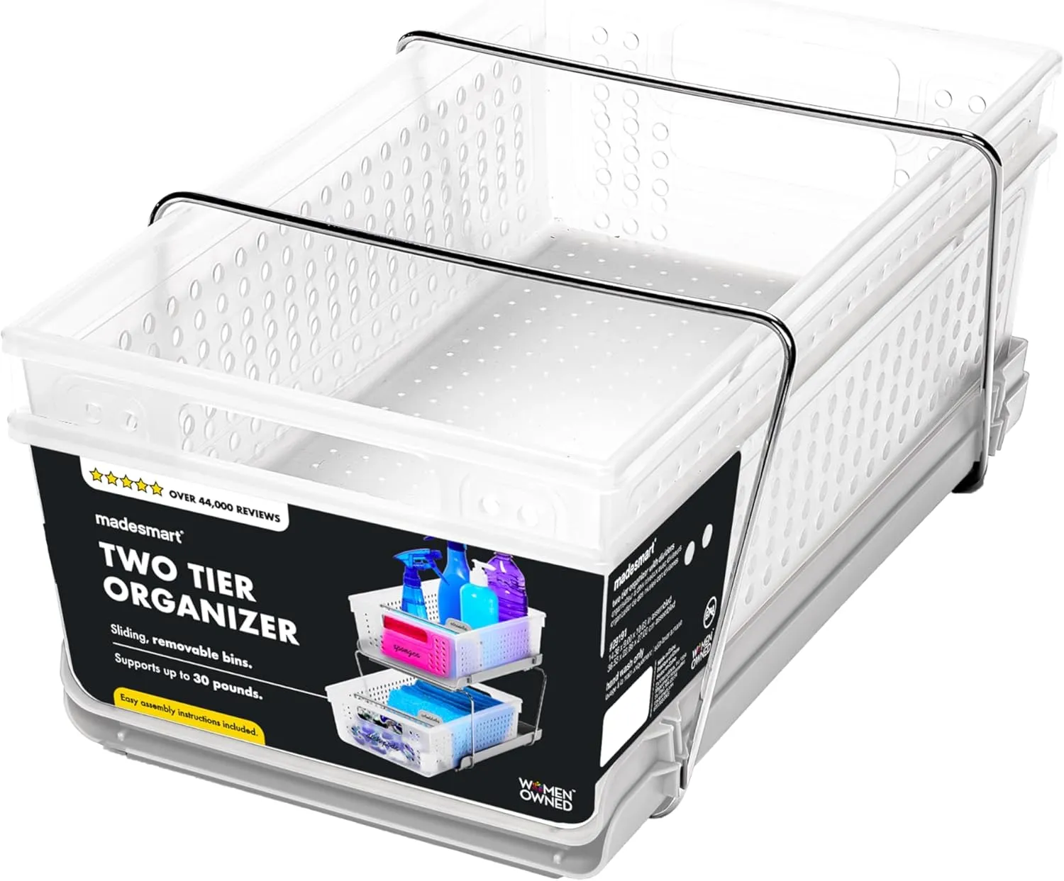 madesmart 2-Tier Organizer, Multi-Purpose Slide-Out Storage Baskets with Handles and Dividers, Frost