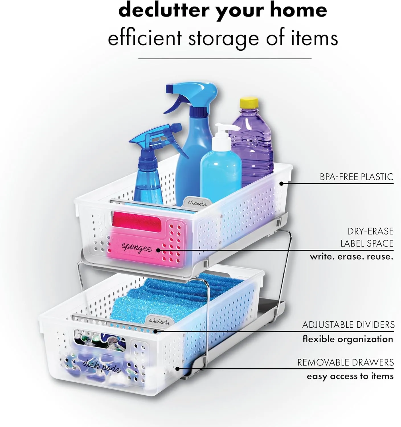 madesmart 2-Tier Organizer, Multi-Purpose Slide-Out Storage Baskets with Handles and Dividers, Frost