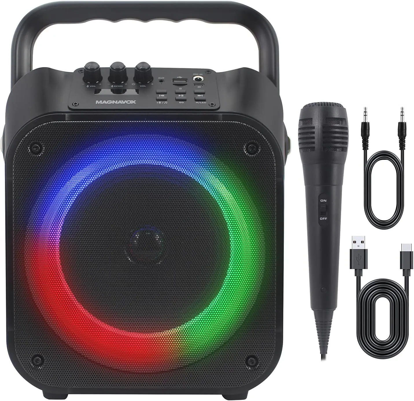 Magnavox MHT778 Portable Karaoke System w/Lights, Bluetooth, 12W Output, USB/Micro SD/Aux Input, 1 Wired Mic, PA System at Home/on The go, Built in Rechargeable Battery, Big Sound in a Little Package