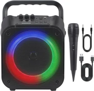 Magnavox MHT778 Portable Karaoke System w/Lights, Bluetooth, 12W Output, USB/Micro SD/Aux Input, 1 Wired Mic, PA System at Home/on The go, Built in Rechargeable Battery, Big Sound in a Little Package