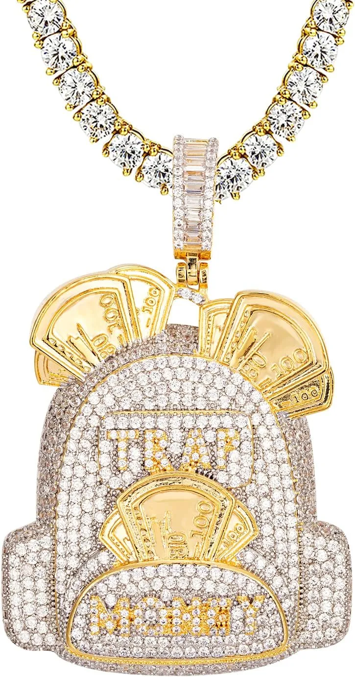 Master of Bling Dollar Bills Trap Money Duffle Bag Icy Custom Yellow Gold Tone Pendant Chain