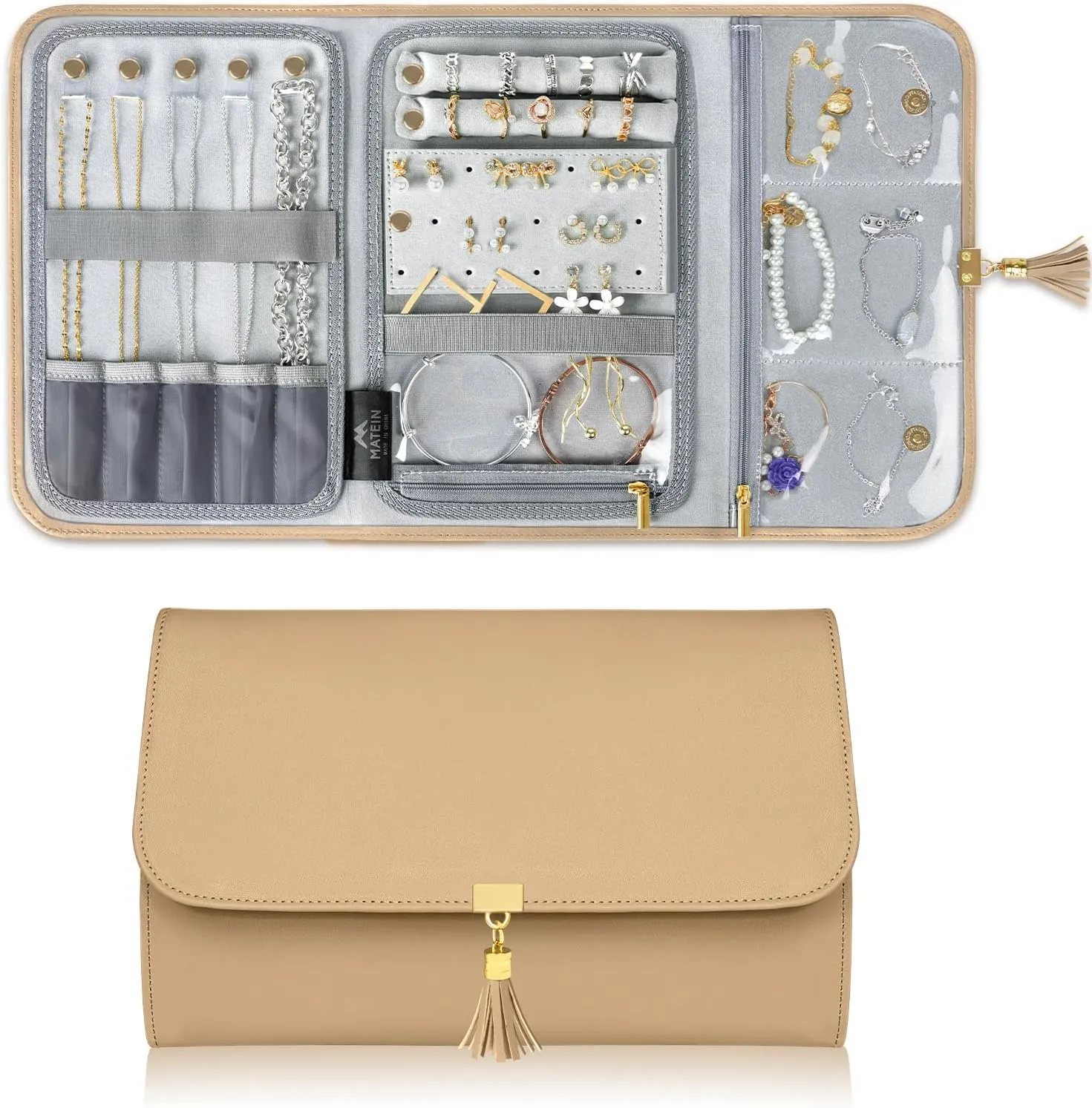 MATEIN Large Jewelry Organizer Travel, Portable Jewelry Case for Travelling, Tangle Free Necklace Storage Roll Bag for Earring Ring Bracelet, Travel Gifts for Women, Brown