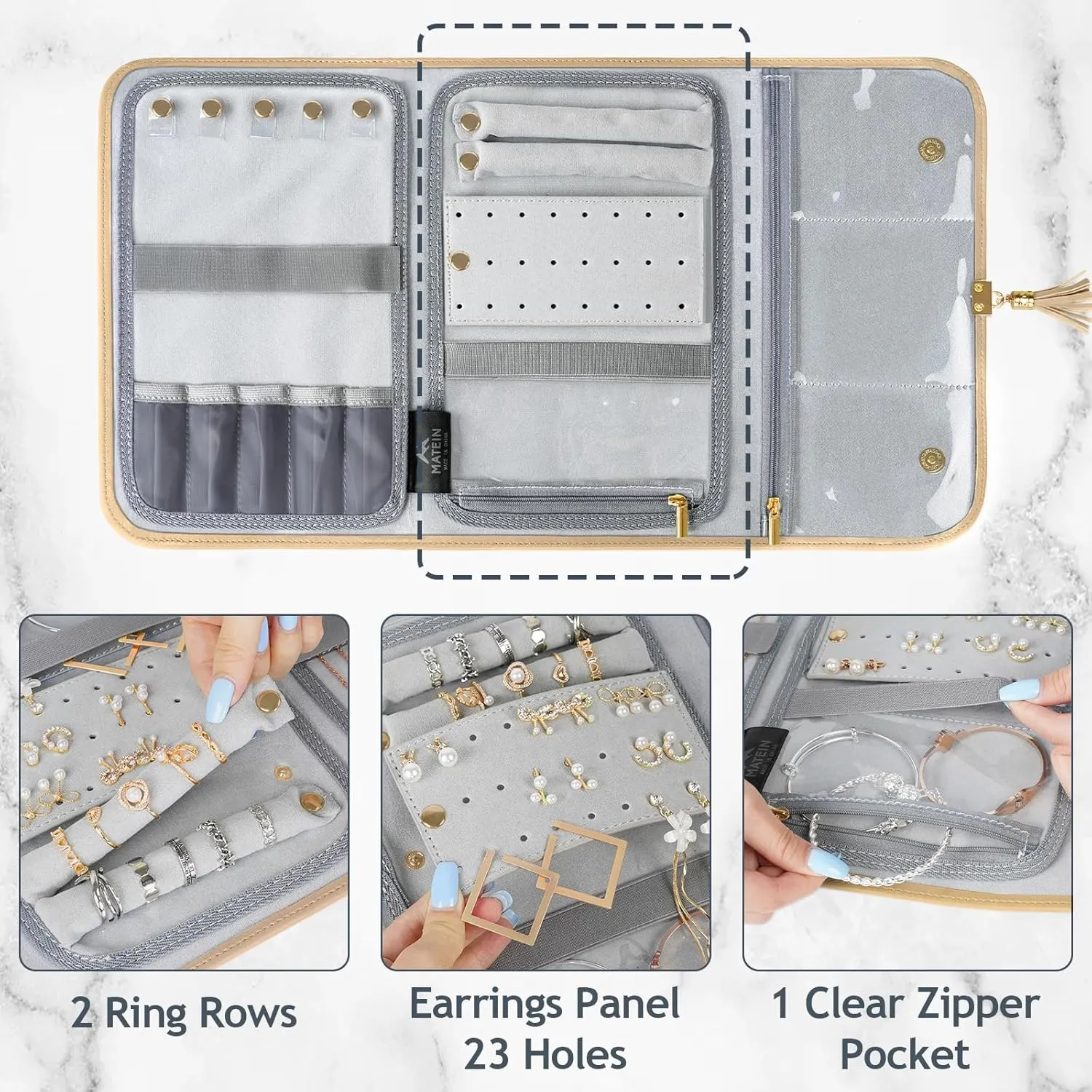MATEIN Large Jewelry Organizer Travel, Portable Jewelry Case for Travelling, Tangle Free Necklace Storage Roll Bag for Earring Ring Bracelet, Travel Gifts for Women, Brown