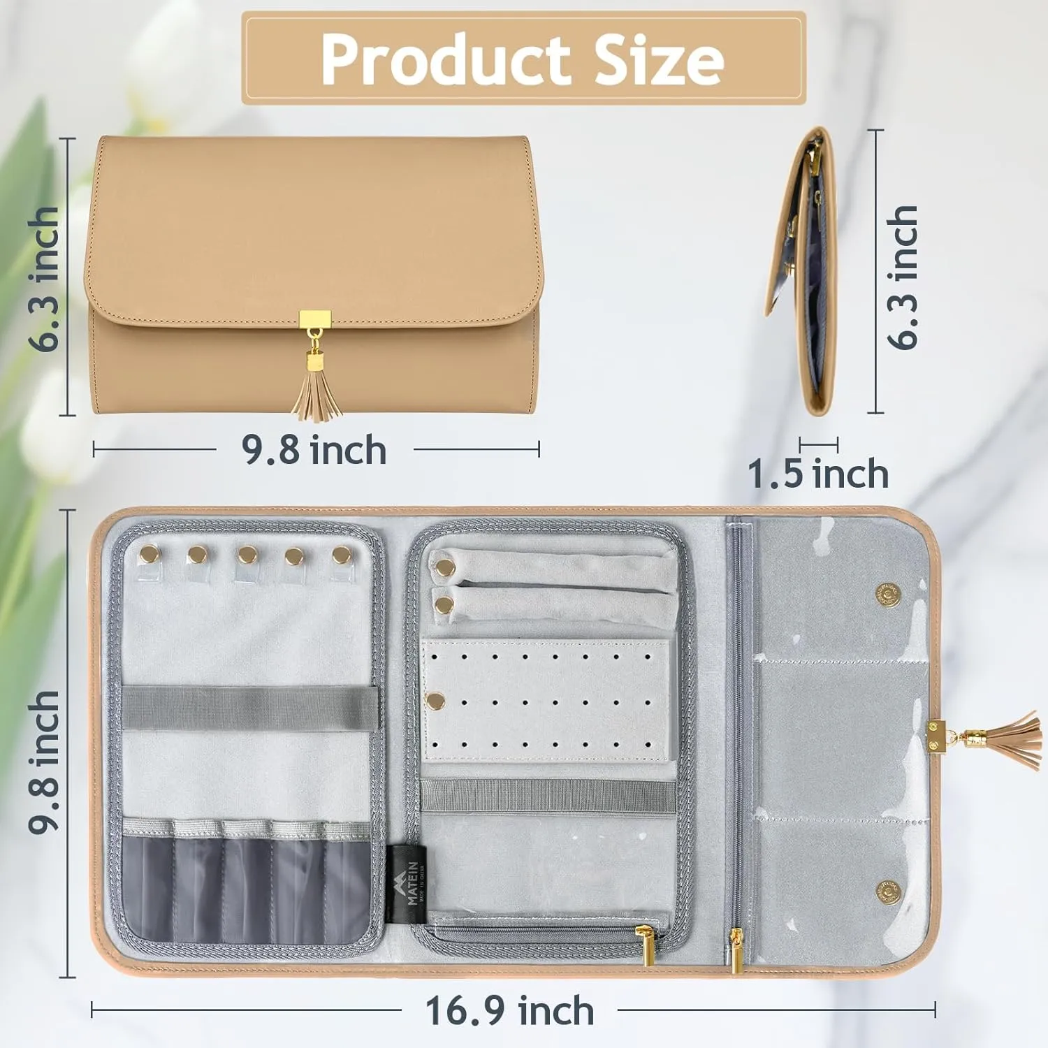MATEIN Large Jewelry Organizer Travel, Portable Jewelry Case for Travelling, Tangle Free Necklace Storage Roll Bag for Earring Ring Bracelet, Travel Gifts for Women, Brown