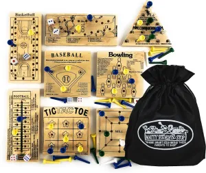 Matty's Toy Stop Deluxe Classic Peg Games Wood Puzzles (Baseball, Basketball, Bowling, Conqueror, Football, Golf, Mill & Tic Tac Toe) Gift Set Bundle with Bonus Storage Bag - 8 Pack