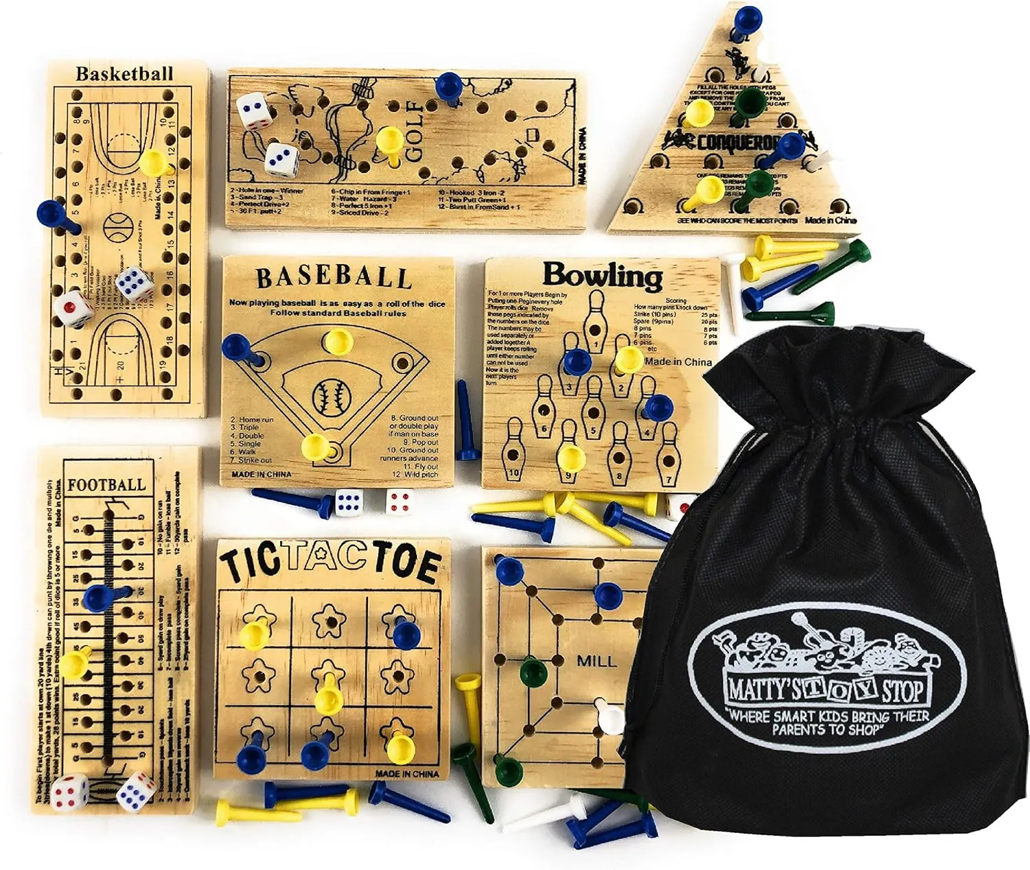 Matty's Toy Stop Deluxe Classic Peg Games Wood Puzzles (Baseball, Basketball, Bowling, Conqueror, Football, Golf, Mill & Tic Tac Toe) Gift Set Bundle with Bonus Storage Bag - 8 Pack