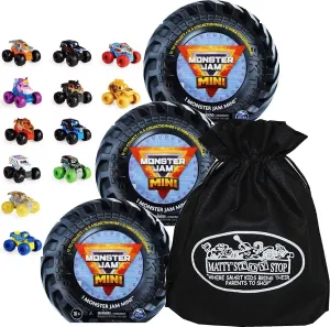 Matty's Toy Stop Monster Jam Mini Mystery Collectible Monster Trucks (1:87 Scale) Gift Set Party Bundle Storage Bag - 3 Pack (Assorted)