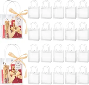 mauproy 50 Pack Clear Plastic Gift Bags with Handles, Party Favor Bags with Ribbons and Tags, Reusable Goodie Tote Bags for Wedding Baby Shower Mother's Day (4.9" x 5.9" x 2.8")