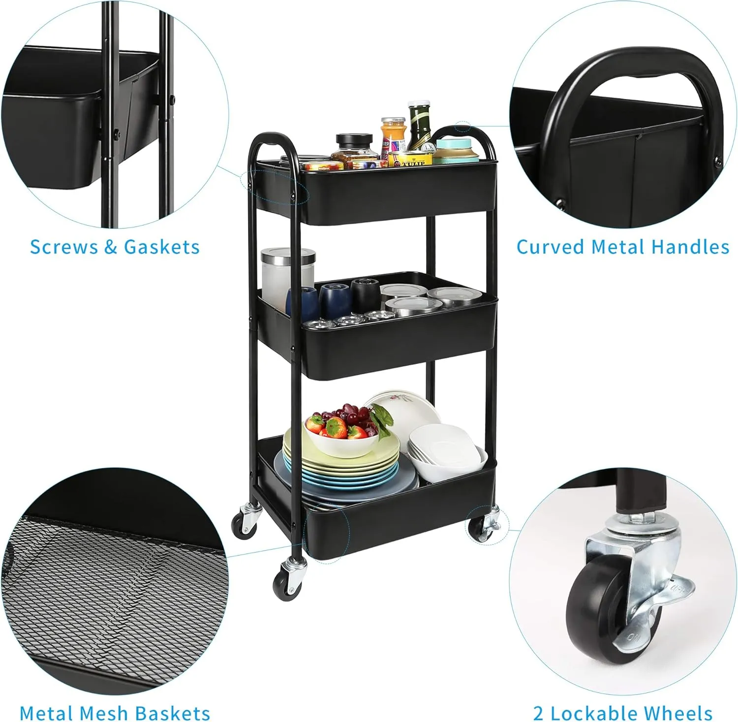 MAX Houser 3-Tier Rolling Utility Cart with Caster Wheels,Easy Assembly, for Kitchen, Bathroom (Black)