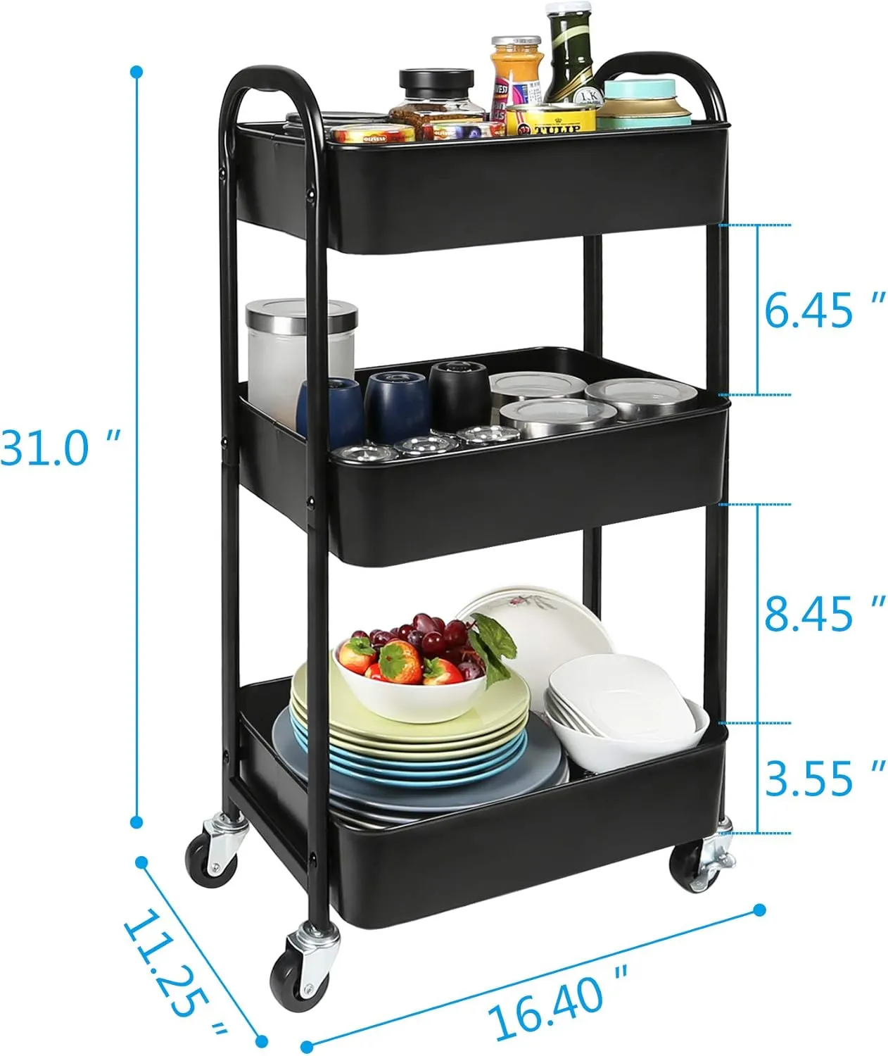 MAX Houser 3-Tier Rolling Utility Cart with Caster Wheels,Easy Assembly, for Kitchen, Bathroom (Black)