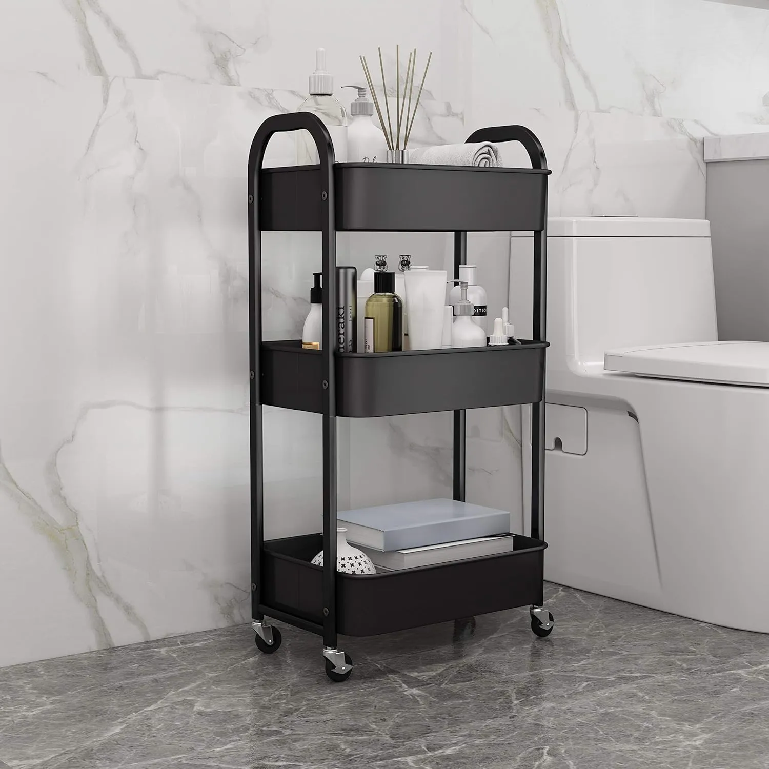 MAX Houser 3-Tier Rolling Utility Cart with Caster Wheels,Easy Assembly, for Kitchen, Bathroom (Black)