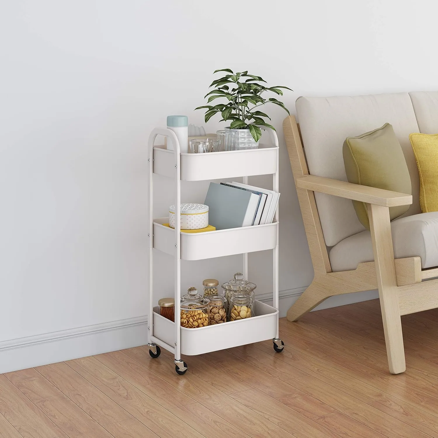 MAX Houser 3-Tier Rolling Utility Cart with Caster Wheels,Easy Assembly, for Kitchen, Bathroom (White)